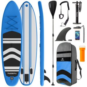 LifeGoods SUP Board - Opblaasbaar Paddle Board - Complete Set - Met Pomp / Draagtas / Verstelbare Peddel / Waterdichte Telefoonhoes / Enkelkoord / Reparatiekit - Max. 135KG - 320x81cm - Blauw